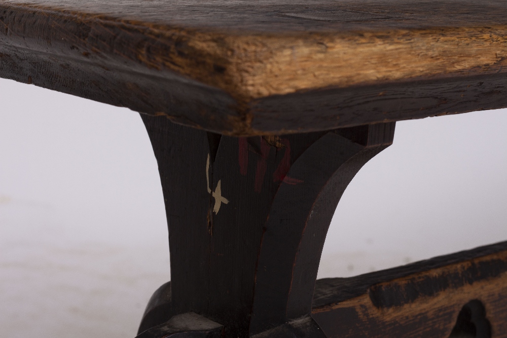 A VICTORIAN OAK BENCH with shaped end supports and pierced trefoil decoration to the stretcher, - Image 3 of 5