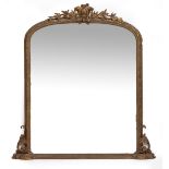 A VICTORIAN OVERMANTLE MIRROR with laurel cresting, 148cm wide x 162cm high Condition: the gilding