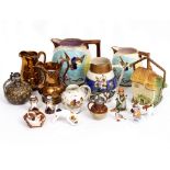 A QUANTITY OF VARIOUS CERAMICS to include two copper luster jugs, a pair of Crown Staffordshire