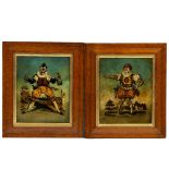 A PAIR OF DECORATIVE 19TH CENTURY STYLE PICTURES OF CLOWNS 25cm x 19.5cm set within moulded