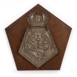 A CAST LEAD SHIP'S BADGE HMS Despatch, 15.5cm wide x 21cm high on a bakelite mount Condition: