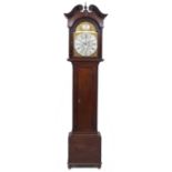 A 19TH CENTURY MAHOGANY LONG CASE CLOCK with swan neck pediment, outset fluted pilaster columns to
