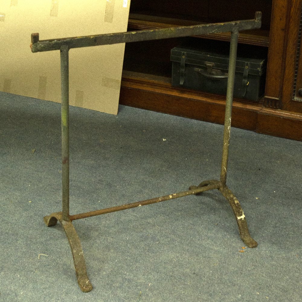 A LARGE TRESTLE TABLE with pine board top and wrought iron supports, 359.5cm long x 89.5cm wide x - Image 2 of 2