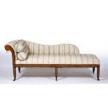 A 19TH CENTURY MAHOGANY CHAISE LONGUE OR DAY BED with satinwood inlay, all standing on square