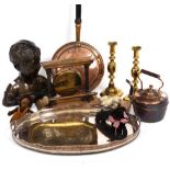 A PAIR OF VICTORIAN BRASS CANDLE STICKS, a copper warming pan, a copper kettle, painted plaster