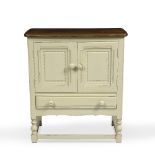 A SIDE CABINET with oak top, painted cupboards and drawer, on a base with turned front legs, 79cm