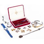 A MIXED LOT OF WATCHES AND JEWELLERY to include a Kendal & Dent silver cased ladies pocket watch,