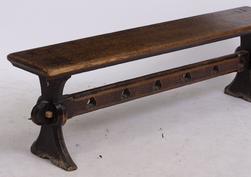 A VICTORIAN OAK BENCH with shaped end supports and pierced trefoil decoration to the stretcher, - Image 4 of 5