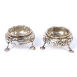 A PAIR OF SILVER SALTS by Harvey & Co London 1854, 9.5cm diameter x 5.5cm high, approximately 210