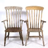 TWO SIMILAR ASH AND ELM LATHBACK WINDSOR ARMCHAIRS with turned legs and an H stretcher, 61cm wide