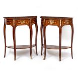 A PAIR OF REPRODUCTION D SHAPED SIDE TABLES with decorative inlay and gilt metal mounts and handles,