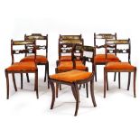 A SET OF FIVE REGENCY BEECHWOOD FAUX ROSEWOOD DECORATED BRASS INLAID BAR BACK DINING CHAIRS with