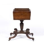 A MID VICTORIAN ROSEWOOD TEA POY with brass inlay, ring handles to the side, square tapering