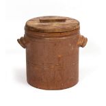 A 19TH CENTURY SALT GLAZED BREAD BIN with moulded handles, 33cm diameter x 36cm high together with a