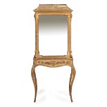 A 19TH CENTURY CONTINENTAL GILT CABINET on stand, with a mirrored back, bevelled glass sides and