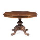 AN OCTAGONAL HARDWOOD EXTENDING DINING TABLE with carved support and four scrolling legs, 123cm wide