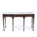 A MARBLE TOPPED ADAM STYLE BOW FRONTED SIDE TABLE with carved and fluted square tapering legs, 150.