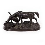 A SMALL BRONZE ANIMALIA GROUP of a horse and her foal, after P J Mene, 15cm wide x 6cm high
