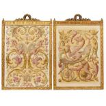 A PAIR OF NEEDLEWORK PICTURES depicting mythical creatures set within gilt frames with moulded