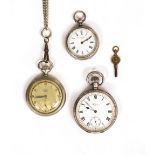 A SILVER WALTHAM POCKET WATCH with ring turned decoration to the back, 5cm diameter together with