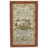 A GEORGE III NEEDLEWORK SAMPLER centrally depicting a farmhouse, a windmill, an oak tree and