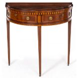 A 19TH CENTURY MAHOGANY D SHAPED SIDE TABLE with galleried top, decorative stringing, hinged fold