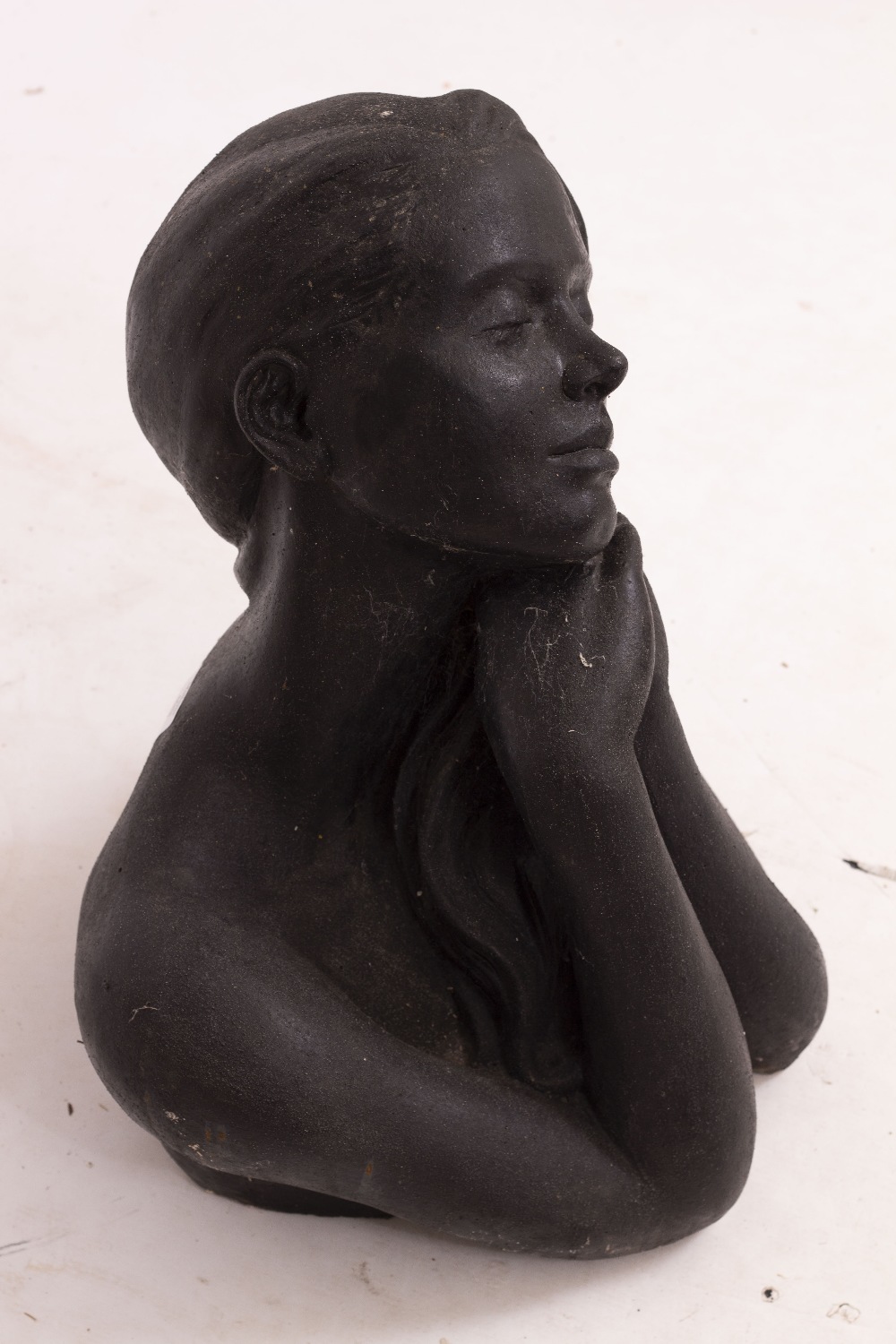 CHRISTINE BAXTER (21ST CENTURY SCHOOL) cast bust of a young girl, black painted reconstituted stone, - Image 4 of 4