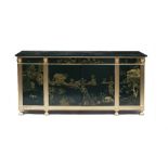 A GREEN LACQUERED AND PARCEL GILT CHINOISERIE DECORATED SIDE CABINET with three drawers over four