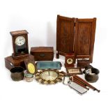 A 19TH CENTURY MAHOGANY TEA CADDY (lacking interior), an old inlaid box, two mantle clocks, an