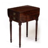 AN EARLY VICTORIAN MAHOGANY DROP LEAF WORK TABLE with two drawers and turned supports Condition: