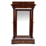 AN 19TH CENTURY MAHOGANY CHEVAL MIRROR with column supports and a rectangular base with a single