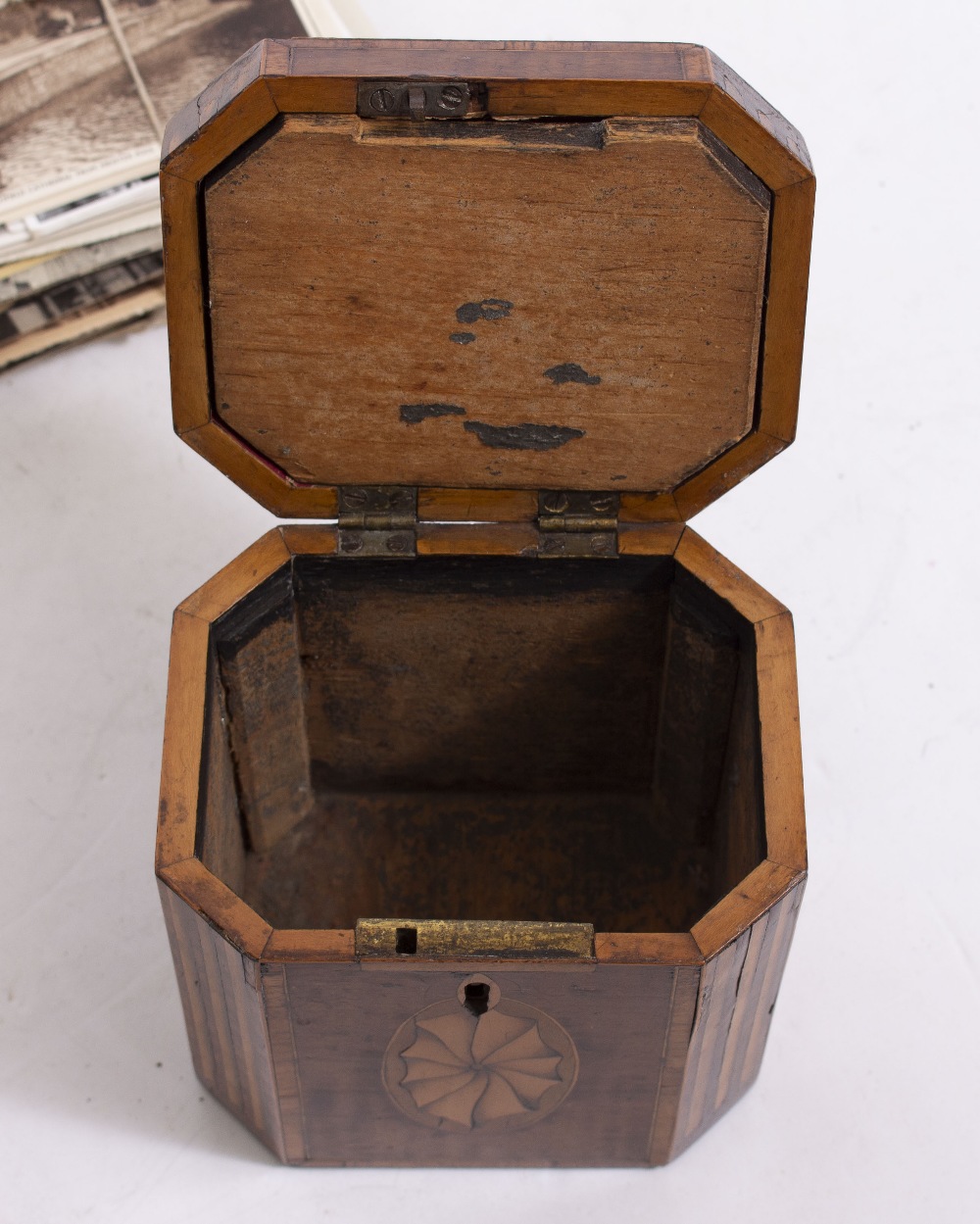 A GEORGE III MAHOGANY AND SATINWOOD TEA CADDY of hexagonal form, 11.5cm wide x 12cm high; a pair - Image 2 of 9