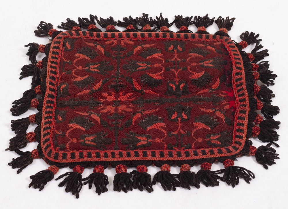 A DECORATIVE RED GROUND RUG 160cm x 132cm together with an old cushion constructed from an - Image 7 of 7