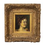 A HEAD AND SHOULDER PORTRAIT OF A YOUNG LADY oil on board, mounted in a 19th century gilded gesso