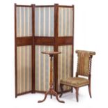 AN EDWARDIAN MAHOGANY THREE FOLD SCREEN with cloth panels, each section 47cm wide x 170.5cm high