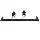 A PAIR OF ARTS AND CRAFTS COPPER AND WROUGHT IRON FIRE DOGS 21cm wide x 26cm deep x 26cm high