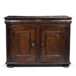 AN EARLY 19TH CENTURY CONTINENTAL OAK SIDE CABINET with twin drawers with moulded front above two