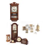 A GROUP OF EIGHT MECHANICAL WALL AND MANTLE CLOCKS AND TIMEPIECES together with nine further