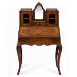A VICTORIAN WALNUT LADIES BUREAU with decorative inlay to the superstructure, fall front and frieze,