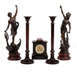 A PAIR OF LATE 19TH CENTURY SPELTER FIGURES each 62cm in height and a pair of contemporary bronzed
