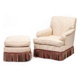 A HOWARD STYLE DEEP ARMCHAIR 69cm wide x 87cm deep x 82cm high together with a matching footstool,