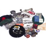 FOUR ROYAL MARINES FELT BERETS, a collection of Military insignia, badges and buttons, material