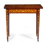 A 19TH CENTURY DUTCH MARQUETRY INLAY MAHOGANY FOLD OVER CARD TABLE with decorative inlay to the top,