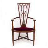 AN EARLY 20TH CENTURY MAHOGANY AND SATIN WOOD INLAID OPEN ARMCHAIR