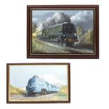 MAURICE GARDNER Railway locomotive 34083, oil on canvas, 35cm x 49.5cm and Coronation Scott, oil