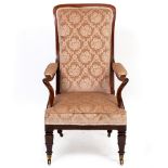 A VICTORIAN MAHOGANY OPEN ARMCHAIR with shepherds crook supports to the arms, 58cm wide x 101.5cm