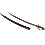 AN EARLY 19TH CENTURY SWORD AND SCABBARD with a brass grip, the curved blade marked 1826b, the blade