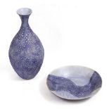 GILLY WHITTINGTON STUDIO POTTERY BOWL with a blue textured glaze, 34cm diameter together with a