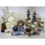 A QUANTITY OF MIXED CERAMICS AND GLASSWARE to include a Doulton teapot, two Oriental soapstone