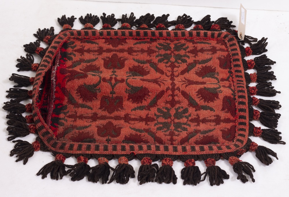 A DECORATIVE RED GROUND RUG 160cm x 132cm together with an old cushion constructed from an - Image 6 of 7